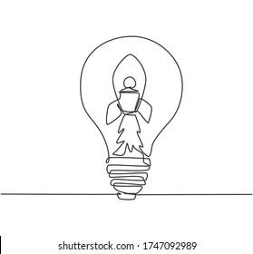 One Single Line Drawing Of Rocket Launch Inside Shining Light Bulb Logo Identity. Company Space Technology Logotype Icon Template Concept. Continuous Line Draw Design Graphic Vector Illustration