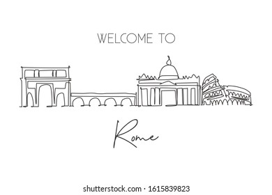 One single line drawing of Rome city skyline, Italy. Historical Roma skyscraper and landscape in the world. Best holiday destination. Editable trendy continuous line draw design vector illustration