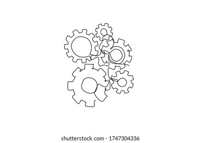 One Single Line Drawing Of Round Metal Wheel Gear For Mechanic Company Logo Identity. Teamwork Process At Office Icon Logotype Concept. Dynamic Continuous Line Draw Graphic Design Vector Illustration