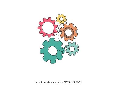Eine Einzelzeichnung der Rundmetallrad-Zahnräder für die Mechaniker-Firmenlogo-Identität. Teamwork-Prozess am Bürosymbol-Logo-Konzept. Dynamische Strich-Strich-Grafik, Vektorgrafik