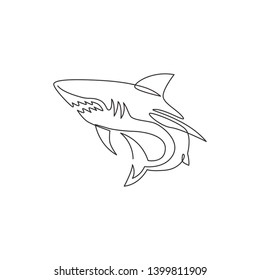 One single line drawing of ruler of the sea, shark for company logo identity. Dangerous sea fish concept for ocean nature peace organization mascot. Continuous line draw design vector illustration