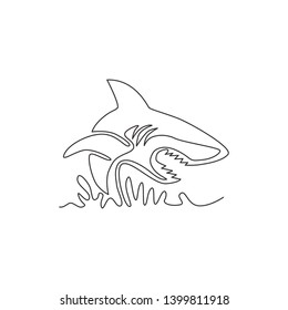 One single line drawing of ruler of the sea, shark for company logo identity. Dangerous sea fish concept for ocean nature peace organization mascot. Continuous line draw design vector illustration