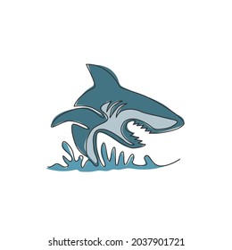 One single line drawing of ruler of the sea, shark for company logo identity. Dangerous sea fish concept for ocean nature peace organization mascot. Continuous line draw design vector illustration