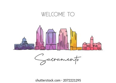 One Single Line Drawing Of Sacramento City Skyline, California. Historical Town Landscape In The World. Best Holiday Destination. Editable Stroke Trendy Continuous Line Draw Design Vector Illustration