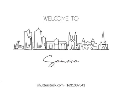 One single line drawing Samara city skyline, Russia. World historical town landscape postcard. Best place holiday destination. Editable stroke trendy continuous line draw design vector illustration
