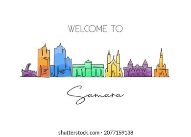 One single line drawing Samara city skyline, Russia. World historical town landscape postcard. Best place holiday destination. Editable stroke trendy continuous line draw design vector illustration