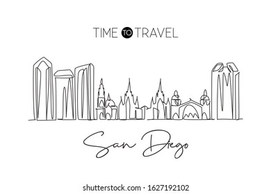 One single line drawing of San Diego city skyline, United States. Historical landscape in world. Best holiday destination poster. Editable stroke trendy continuous line draw design vector illustration