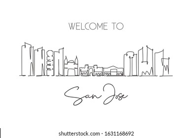 One single line drawing of San Jose city skyline, Costa Rica. World historical town landscape. Best place holiday destination. Editable stroke trendy continuous line draw design vector illustration