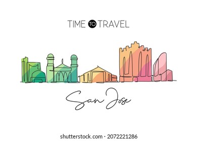 Un seul dessin de la ligne d'horizon de la ville de San José, en Californie. Paysage urbain historique dans le monde. Meilleure destination de vacances. Illustration vectorielle dessinée par trait continu et tendance