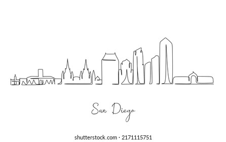 One single line drawing of San Diego city skyline, United States. Historical landscape in world. Best holiday destination poster. Editable stroke trendy continuous line draw design vector illustration