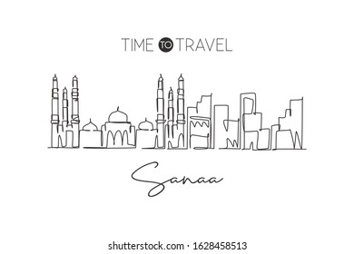 One single line drawing of Sana'a city skyline, Yemen. World historical town landscape. Best holiday destination postcard print. Editable stroke trendy continuous line draw design vector illustration