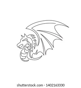 One single line drawing of scary beast dragon for china ancient museum logo identity. Legend fairy tale animal mascot concept for ancient chinese organization. Continuous line draw design illustration