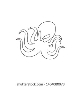 One single line drawing of scary octopus for business logo identity. Funny cute tentacle animal mascot concept for company icon. Trendy continuous line draw design vector graphic illustration