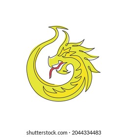 One single line drawing of scary beast dragon for china ancient museum logo identity. Legend fairy tale animal mascot concept for ancient chinese organization. Continuous line draw design illustration