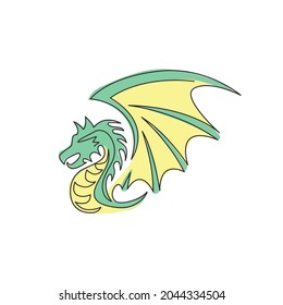 One single line drawing of scary beast dragon for china ancient museum logo identity. Legend fairy tale animal mascot concept for ancient chinese organization. Continuous line draw design illustration