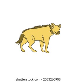 One single line drawing of scary spotted hyena for company logo identity. Scavenger animal mascot concept for national conservation park icon. Modern continuous line draw design vector illustration