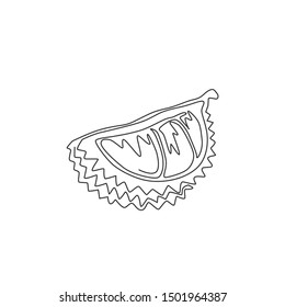 One single line drawing of segment sliced healthy organic durian for orchard logo identity. Fresh tropical fruit concept for garden icon. Modern continuous line draw graphic design vector illustration