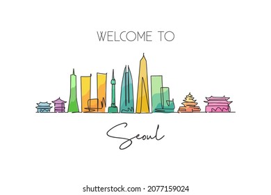 One single line drawing of Seoul city skyline, South Korea. World town landscape postcard print. Best place holiday destination. Editable stroke trendy continuous line draw design vector illustration