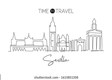 One single line drawing of Sevilla city skyline, Spain. Historical skyscraper landscape in world postcard. Best holiday destination wall decor poster. Continuous line draw design vector illustration