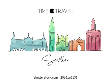 Eine einzige Zeichnung der Skyline der Stadt Sevilla, Spanien. Historische Wolkenkratzer-Landschaft in der Welt Postkarte. Bestes Urlaubsziel-Wanddekor-Poster. Design der kontinuierlichen Linien, Vektorgrafik
