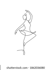 Una línea de dibujo sexy bailarina de belleza en ilustración vectorial. El bailarín de ballet bonito muestra el concepto de movimiento de baile. Decoración minimalista de la pared con estampado de afiches. Diseño de dibujo gráfico de línea continua moderno