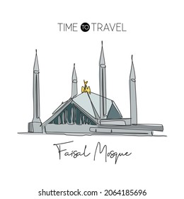 Un solo plano que dibuja el monumento de la Mezquita Shah Faisal. Famoso icónico en Islamabad Pakistán. Turismo postales decoración de postales de viaje en la pared interior concepto de póster. Ilustración de diseño de traza continua moderna