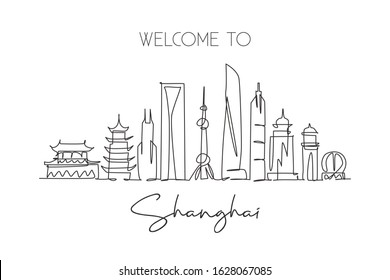 One single line drawing of Shanghai city skyline, China. Historical town landscape in world. Best holiday destination. Editable stroke trendy continuous line draw design vector graphic illustration