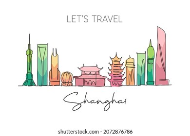 One single line drawing Shanghai city skyline  China  Historical town landscape in world  Best holiday destination  Editable stroke trendy continuous line draw design vector graphic illustration