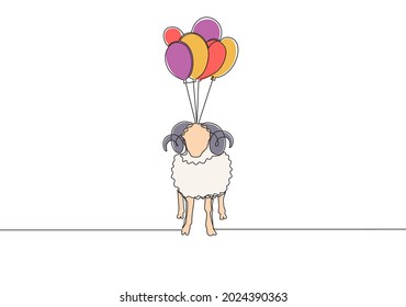 Eine einzelne Zeichnung von Schafen fliegt mit Ballons zum Himmel. Muslimische Feiertage das Opfer ein Tier zu. Gott, Eid ul Adha Grußkartenkonzept für fortlaufende Linienzeichnung Design-Illustration
