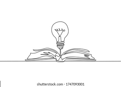One single line drawing of shining light bulb above open text book logo identity. Knowledge study club logotype icon template concept. Dynamic continuous line draw design graphic vector illustration