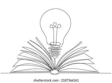 One single line drawing of shining light bulb above open text book logo identity. continuous line draw design graphic vector illustration - Shutterstock ID 2187366261