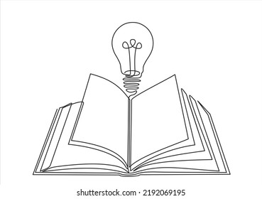 Eine einzelne Zeichnung der Glühbirne über dem Logo des offenen Buches. Grafikgrafik mit kontinuierlicher Zeilenzeichnung