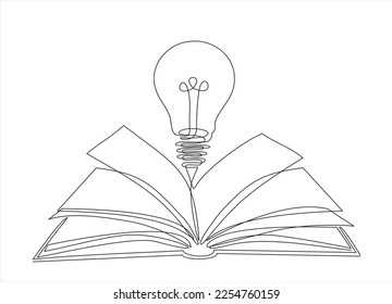 One single line drawing of shining light bulb above open text book logo identity. continuous line draw design graphic vector illustration