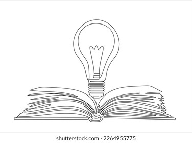 One single line drawing of shining light bulb above open text book logo identity. continuous line draw design graphic vector illustration