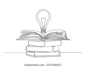 One single line drawing of shining light bulb above open text book logo identity. continuous line draw design graphic vector illustration