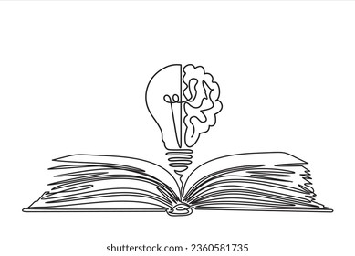 One single line drawing of shining light bulb with human brain above open text book logo identity. continuous line draw design graphic vector illustration