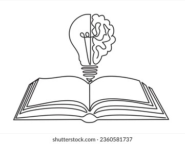 One single line drawing of shining light bulb with human brain above open text book logo identity. continuous line draw design graphic vector illustration