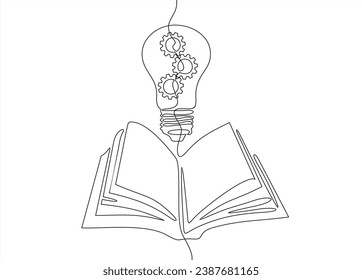 One single line drawing of shining light bulb above open text book logo identity. Knowledge study club logotype icon template concept. Dynamic continuous line draw design graphic vector illustration