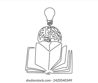 One single line drawing of shining light bulb with human brain above open text book logo identity. continuous line draw design graphic vector illustration