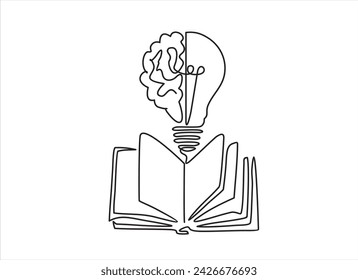 One single line drawing of shining light bulb with human brain above open text book logo identity. continuous line draw design graphic vector illustration