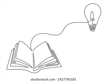 One single line drawing of shining light bulb above open text book logo identity. continuous line draw design graphic vector illustration