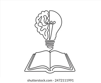 One single line drawing of shining light bulb with human brain above open text book logo identity. continuous line draw design graphic vector illustration