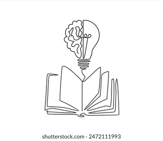 One single line drawing of shining light bulb with human brain above open text book logo identity. continuous line draw design graphic vector illustration