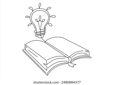 One single line drawing of shining light bulb above open text book logo identity. continuous line draw design graphic vector illustration