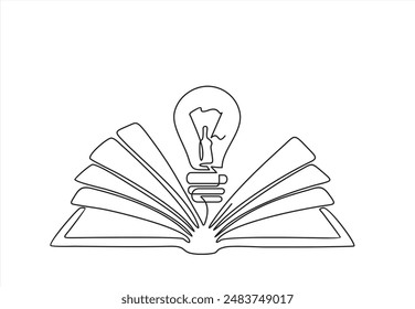 One single line drawing of shining light bulb above open text book logo identity. continuous line draw design graphic vector illustration