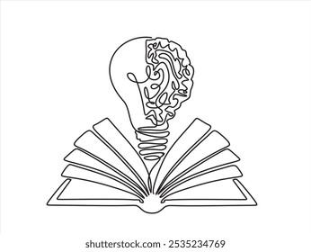Un solo dibujo de línea de bombilla brillante con cerebro humano sobre la identidad del logotipo del libro de texto abierto. Ilustración vectorial gráfica de diseño de dibujo de línea continua