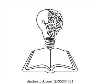 One single line drawing of shining light bulb with human brain above open text book logo identity. continuous line draw design graphic vector illustration
