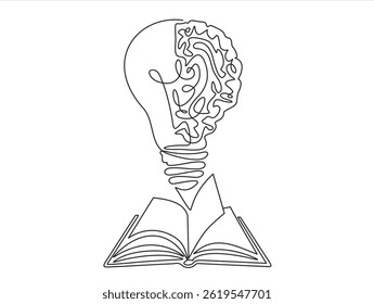 One single line drawing of shining light bulb with human brain above open text book logo identity. continuous line draw design graphic vector illustration	