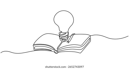 One single line drawing of shining light bulb above open text book logo identity. continuous line draw design graphic vector illustration, Single continuous line drawing of open book with shining