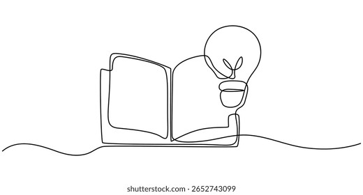 One single line drawing of shining light bulb above open text book logo identity. continuous line draw design graphic vector illustration, Single continuous line drawing of open book with shining